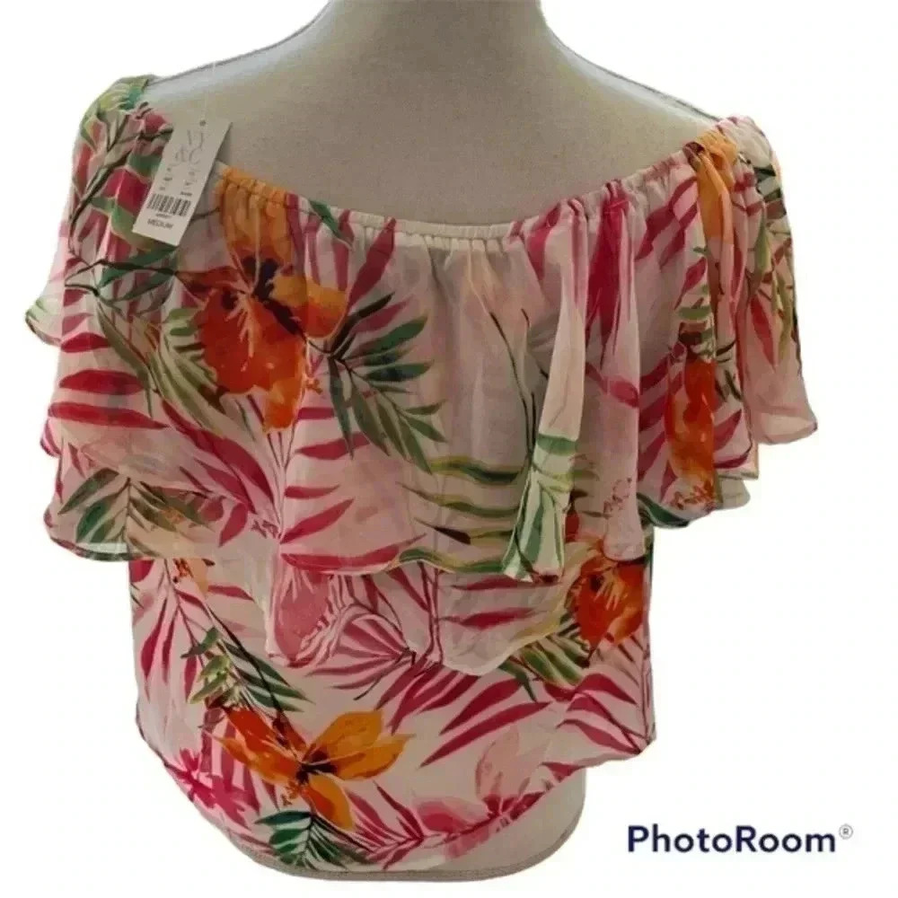 New NY & C 7th Avenue Design Womens Ruffled Floral Cold Shoulder Top siz… - Picture 11 of 12